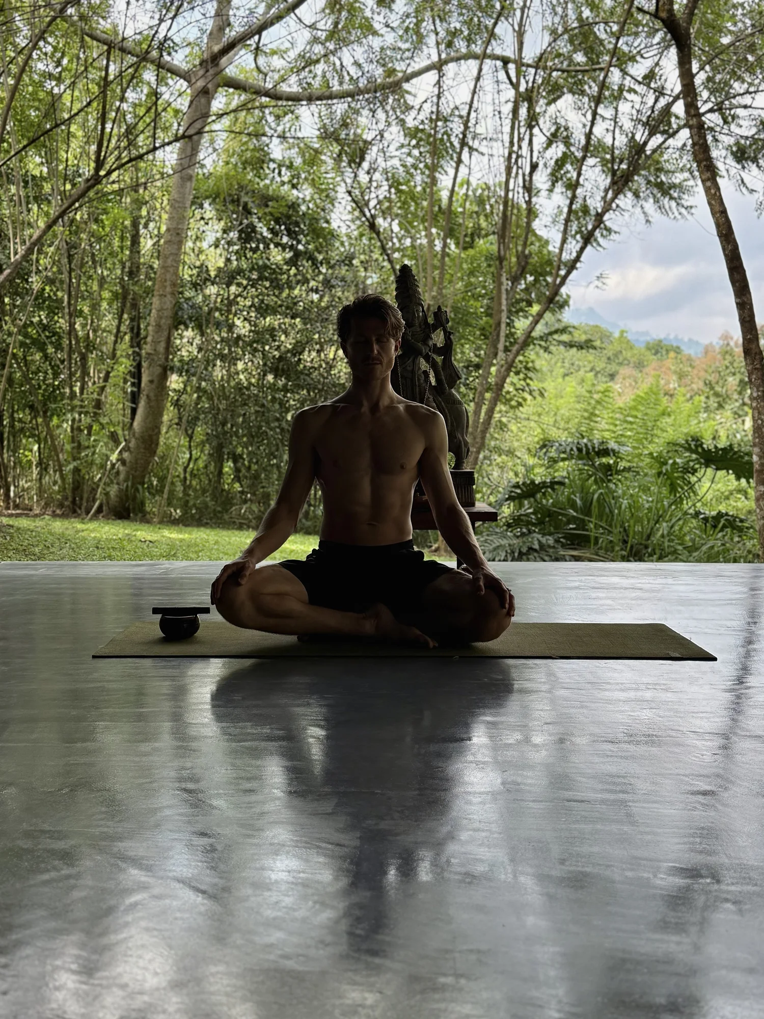 Josh seated in meditation, surrounded by trees